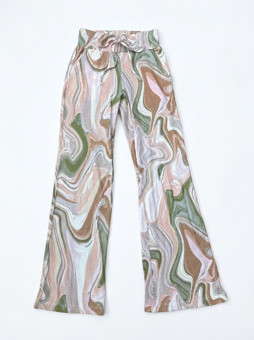 Beach Riot Hailey Marble Swirl Flare Pants Green Tan Cream Size XS Ribbed Knit